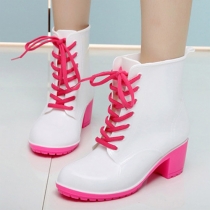 Fashion Contrast Color Round Toe Lace Up Thick Heel Rain Boots