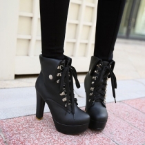 Fashion Round Toe Lace Up Thick High-heeled Martin Boots Booties