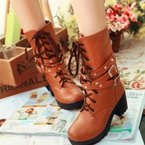 Retro Rivets Thick Heel Round Toe Lace Up Booties