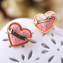 Pink Love Heart Shaped Rhinestones Stud Earring 