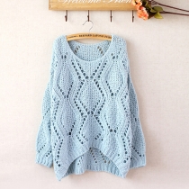 Fashion Hollow Out Quilted High-low Hemline Knitting Sweater