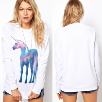 Fashion Horse Print Long Sleeve Round Neck T-shirt