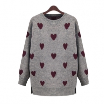 Fashion Hearts Pattern Round Neck Long Sleeve Oversize Knitting Sweater
