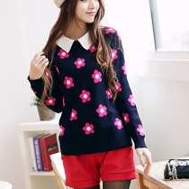 Sweet Sun Flower Pattern Long Sleeve POLO Collar Knitting Sweater