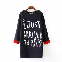 Fashion Letters Print Long Sleeve Round Neck Woolen Dress