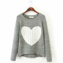 Fashion Heart Pattern Round Neck Long Sleeve Knitting Sweater