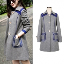 Fashion Contrast Color Single-breasted Slim Fit Woolen Coat