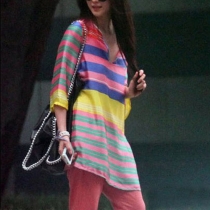 Fashion Rainbow Color Stripe V-neck 3/4 Sleeve Dress