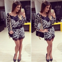 Sexy Leopard Lace Collar Long Sleeve Jumpsuit Shorts