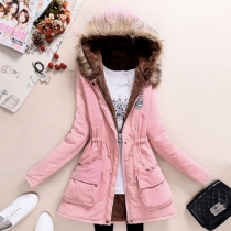 Fashion Solid Color Fur Collar Hooded Gathered Waist Warm Coat