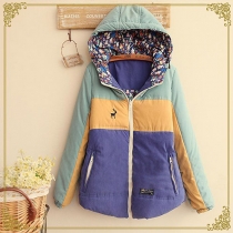 Fresh Style Contrast Color Long Sleeve Hooded Warm Coat