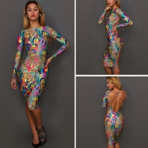 Sexy Backless Oil Painting Print Long Sleeve Dress