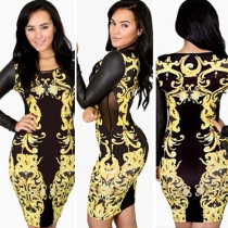 Fashion Long Sleeve Round Neck Gold Floral Print Dress