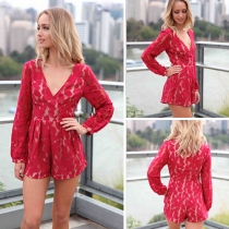 Sexy Deep V-neck Long Sleeve Lace Jumpsuit Shorts