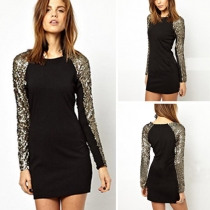 Fashion Sequins Long Sleeve Round Neck Dress