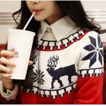 Fashion Contrast Color Fawn Pattern Long Sleeve Round Neck Sweater