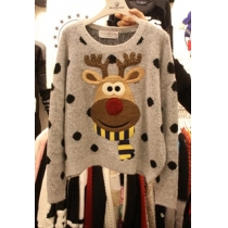 Cute Embroidery Elk Dots Pattern Long Sleeve Round Neck Sweater