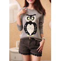 Fashion Owl Pattern Long Sleeve Round Neck Sweater