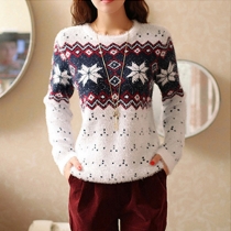 Fashion Contrast Color Snowflake Pattern Long Sleeve Round Neck Sweater