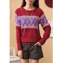Fashion Round Neck Long Sleeve Contrast Color Knitting Sweater