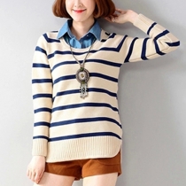 Fashion Stripes Long Sleeve Mock Two-piece Knitting Sweater