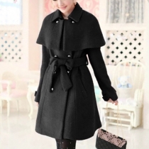 Fashion Solid Color Double-breasted Cape-style Woolen Coat with Sash