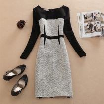 Fashion Contrast Color Long Sleeve Round Neck Woolen Dress