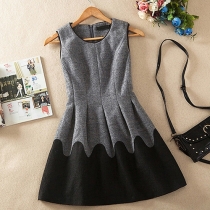 OL Style Contrast Color Round Neck Sleeveless Woolen Dress