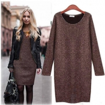 Fashion Solid Color Long Sleeve Round Neck Woolen Dress