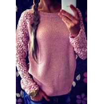Fashion Hollow Out Lace Spliced Long Sleeve Round Neck Pullover Sweater
