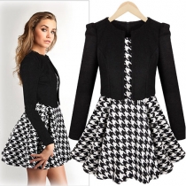 Fashion Houndstooth Long Sleeve Round Neck Mock Two-piece Dress