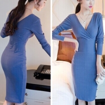 Sexy V-neck Solid Color Long Sleeve Slim Fit Knitted Dress