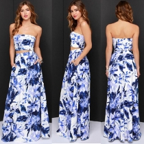 Sexy Strapless Hollow Out Floor-length Ink Print Dress