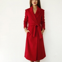 Fashion Solid Color Long Sleeve Long Style Trench Coat with Sash