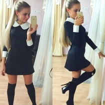 Fashion Contrast Color Doll Collar Long Sleeve Slim Fit Dress 