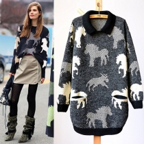 Cute Horse Pattern Long Sleeve Long-style Knitted Pullover Sweater