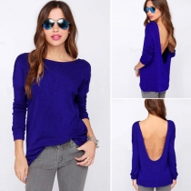 Sexy Backless Solid Color Long Sleeve Loose T-shirt