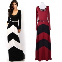 Fashion Contrast Color Stripes Round Neck Long Sleeve Maxi Dress