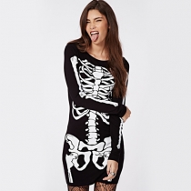 Punk Style Skeleton Floral Print Long Sleeve Round Neck Slim Fit Dress