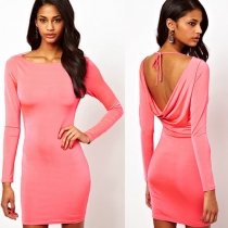 Sexy Backless Solid Color Long Sleeve Slim Fit Dress