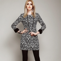 Fashion Floral Print Long Sleeve Round Neck Slim Fit Bottoming Dress