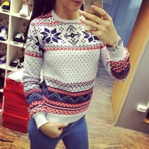 Ethnic Style Floral Print Long Sleeve Round Neck Knitted Sweater