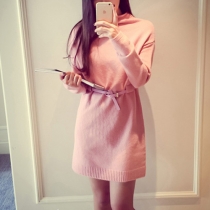 Fashion Solid Color Long Sleeve Turtleneck Knitted Dress
