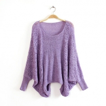 Fashion Bat Sleeve Round Neck Irregular Hem Knitted Sweater