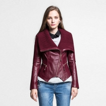 Fashion Knitted Lapel Irregular Hem Long Sleeve PU Leather Coat