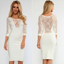 Sexy Hollow Out Lace Spliced 3/4 Sleeve Package Hip Dress