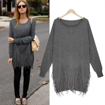 Fashion Solid Color Long Sleeve Tassels Knitted Sweater