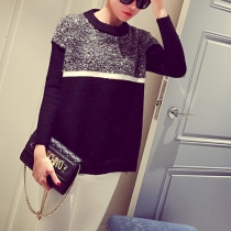 Fashion Contrast Color Long Sleeve Round Neck Knitted Sweater