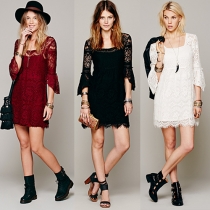 Fashion Flouncing 3/4 Sleeve Square Collar Lace Dress
