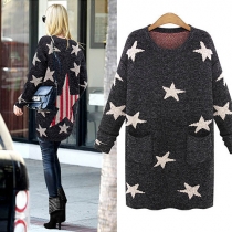 Fashion Stars Pattern Long Sleeve Round Neck Knitted Sweater